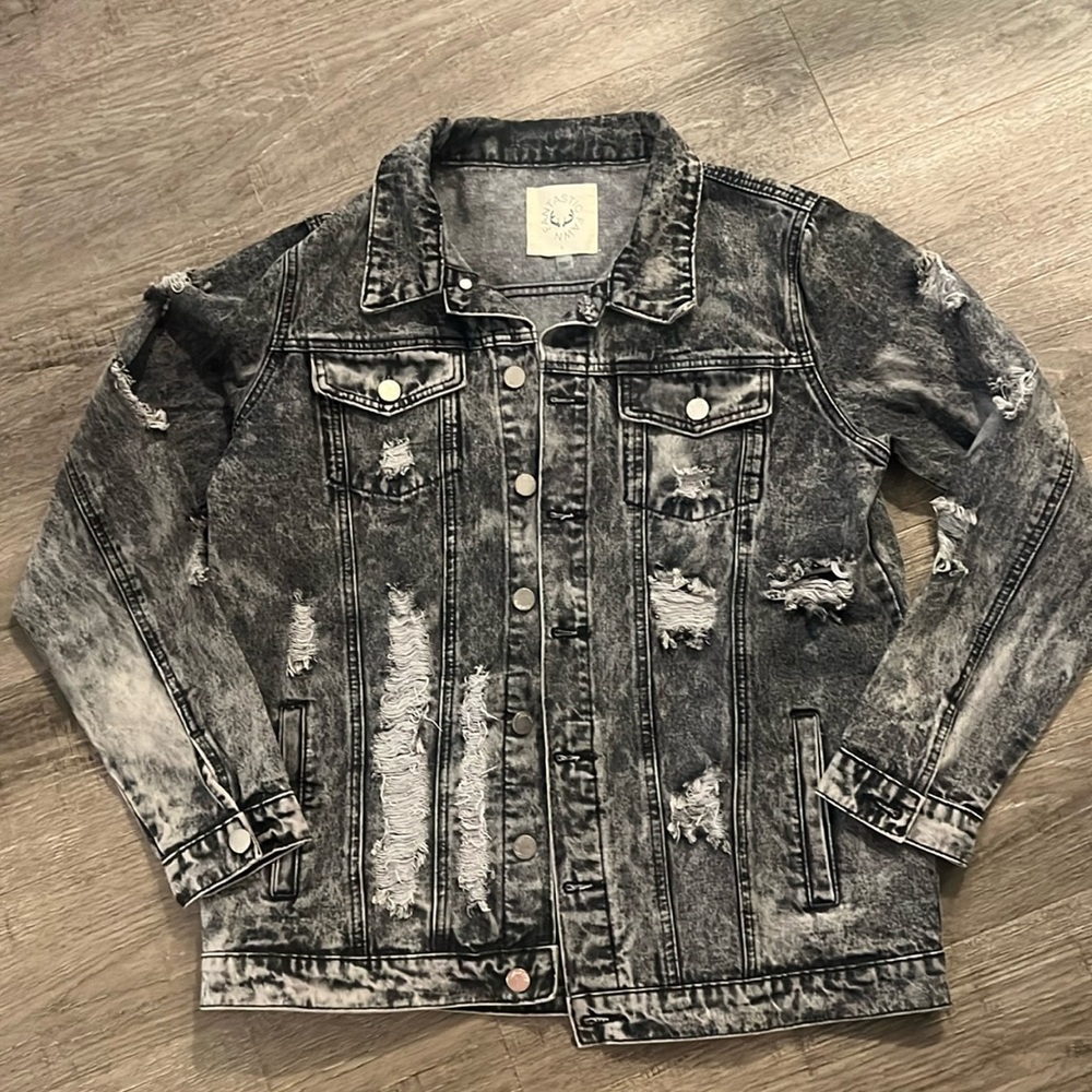 Acid Wash Black Distressed Denim Jacket